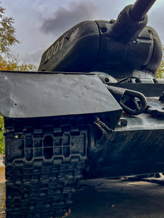 A Soviet T-34/85 tank from World War II as a monument in the town of Sawin in eastern Poland. In August 1944, the Dresden Tank Corps was formed in the nearby Sawin forests.の写真素材