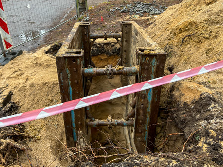 Securing excavations in sandy terrain against slumping.の写真素材