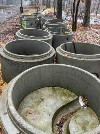 Concrete rings, elements prepared for the construction of manholes during the construction of the...