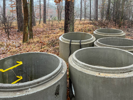Concrete rings, elements prepared for the construction of manholes during the construction of the sewage system.の写真素材