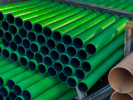 Green and brown sewage pipes stored by the road during the construction of the sewage network as a background.の写真素材