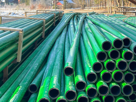 Green and brown sewage pipes stored by the road during the construction of the sewage network as a background.の写真素材