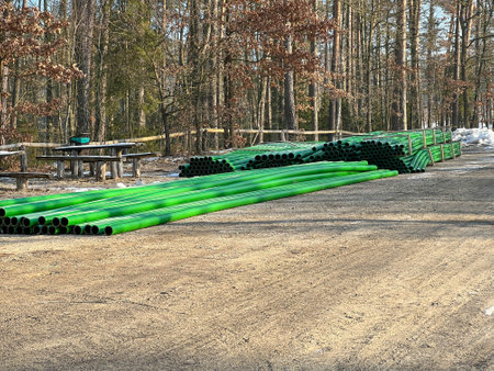 Green and brown sewage pipes stored by the road during the construction of the sewage network as a...