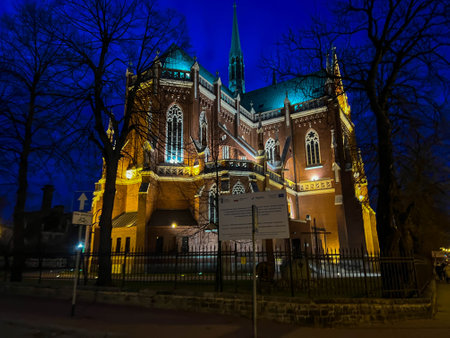 Czestochowa, Poland, April 10, 2025: Archcathedral Basilica of the Holy Family in Czestochowa â a neo-Gothic, three-nave Roman Catholic church located in Czestochowa at Krakowska Street.の写真素材