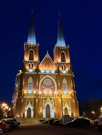 Archcathedral Basilica of the Holy Family in CzÄstochowa â a neo-Gothic, three-nave Roman Catholic church located in CzÄstochowa at Krakowska Street.の写真素材