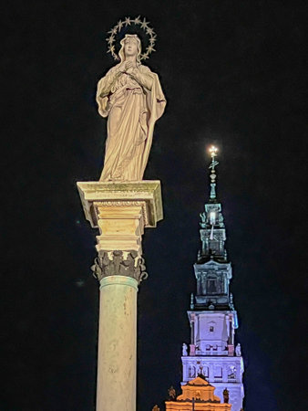 Jasna Gora Monastery in Czestochowa in Poland at night, column with the Blessed Virgin Mary in front...