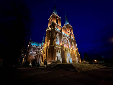 Archcathedral Basilica of the Holy Family in Czestochowa â a neo-Gothic, three-nave Roman Catholic church located in Czestochowa at Krakowska Street.の写真素材