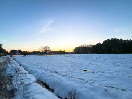 Winter afternoon in the countryside in winter, sunset.の写真素材