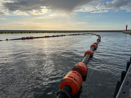A floating pipe draining water from a sports channel to the outside. On the Baltic coast near the beach in MrzeÅ¼una in Poland.の写真素材