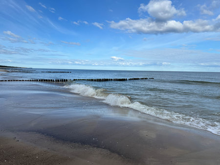 Empty Baltic beach in the Mrzezyno area in Poland with characteristic breakwaters made of pegs.の写真素材