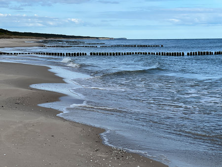 Empty Baltic beach in the Mrzezyno area in Poland with characteristic breakwaters made of pegs.の写真素材