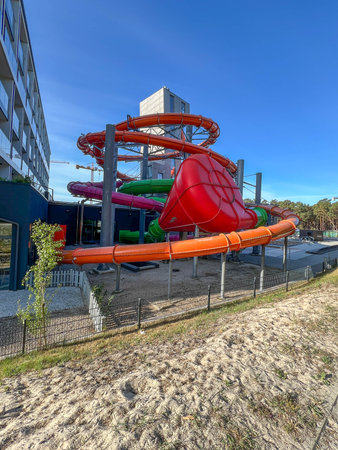 A complex of swimming pools, a water park in Mrzezyno on the Baltic Sea in Poland.の写真素材
