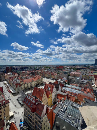 Wroclaw, Poland, July 22, 2025: A view of the city of Wroclaw, Poland, from the top of the tower of the Garrison Church of St. Elizabeth, located near the market square.の写真素材