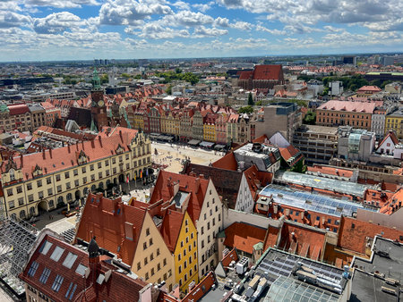 A view of the city of Wroclaw, Poland, from the top of the tower of the Garrison Church of St. Elizabeth, located near the market square.の写真素材