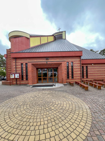 The Church of Our Lady of Mercy in Niechorze on the Baltic Sea in Poland is a postmodern Catholic...