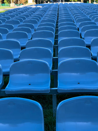 Empty plastic chairs placed in front of the field altar in the Sanctuary in Cz?stochowa.の写真素材