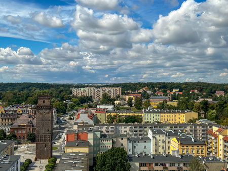 The upper part of the town hall tower in Nysa, Poland.の写真素材