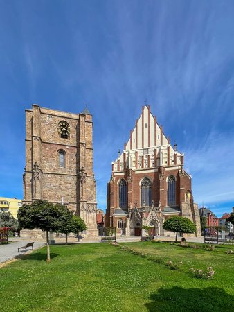 Basilica of St. James the Apostle and St. Agnes, Virgin and Martyr, in Nysa, Poland. Church and bell tower.の写真素材