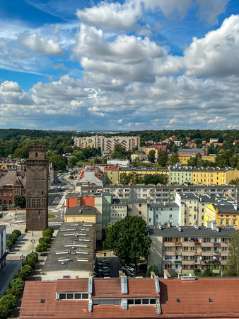 The upper part of the town hall tower in Nysa, Poland.の写真素材