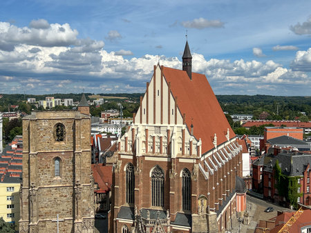 Basilica of St. James the Apostle and St. Agnes, Virgin and Martyr, in Nysa, Poland. Church and bell tower. View from the observation tower.の写真素材