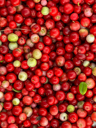 Red bilberries after being picked from bushes in the forest, before being cleaned - as a background.の写真素材
