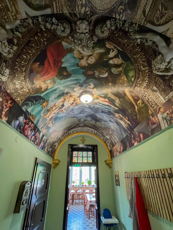 Duszniki Zdroj, Poland, September 2, 2025: Franciscan Monastery - Church of St. Francis and St. Leonard in Duszniki Zdroj, Poland. Richly decorated ceiling in the hallway.のeditorial素材