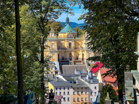 Basilica of the Visitation of the Blessed Virgin Mary, Sanctuary of Wambierzyce, Queen of Families, Patroness of the Klodzko Region. View from the direction of Calvary.の写真素材