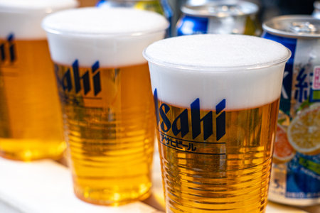 TOKYO, JAPAN - JANUARY 15, 2019: Close up, Models of Japanese beer, craft beer in glasses and beer cans.のeditorial素材