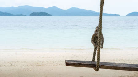 Close up, old swing hanging on a tree on sandy beach, blue sea and sky background.の写真素材