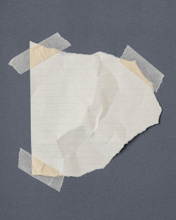Torn rule paper with adhesive tape, scraps of paper on sticky tape, gray background.