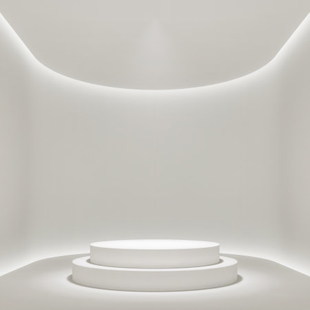 3D Cylinder Steps Pedestal Podium in White Minimal Room, Design for Product Displayの写真素材
