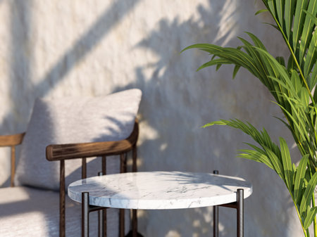 Architectural 3D Render, Close up of Premium Marble Side Table on Terrace with Palm Shadowの写真素材