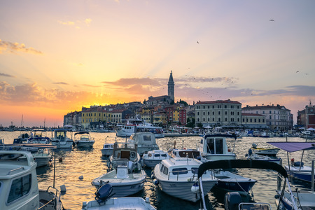 Sunset in the docks of Rovinj, Croatiaのeditorial素材