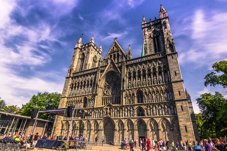 July 28, 2015: Front view of Nidaros cathedral in Trondheim, Norwayのeditorial素材