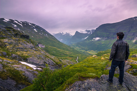 July 24, 2015: Traveller beholding the Geirangerfjord, Norwayの写真素材