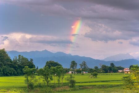 Rainbow sky in Sauraha, Nepalの写真素材