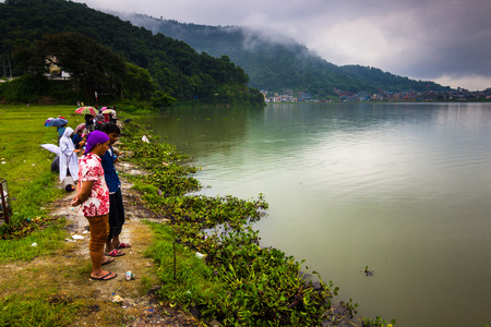 August 21, 2014 - Farmers in Phewa Lake in Pokhara, Nepalのeditorial素材