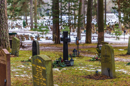 January 22, 2017: Tombstones in the Skogskyrkogarden graveyard in Stockholm, Swedenのeditorial素材