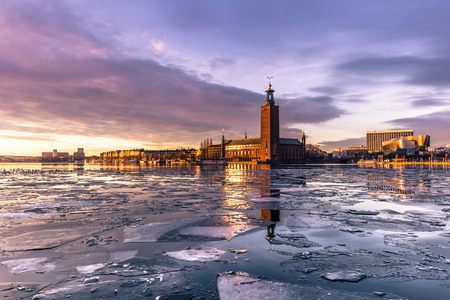 Panorama of the City Hall of Stockholm by the ice, Swedenの写真素材