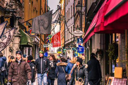 January 21, 2017: Tourists by the Aifur restaurant in the old town of Stockholm, Swedenのeditorial素材