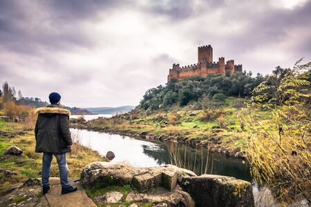 January 04, 2017: Panoramic view of the medieval castle of Almourol in Ribatejo, Portugalのeditorial素材