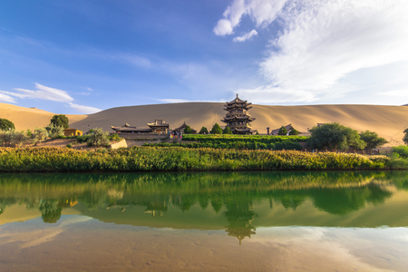Dunhuang, China - August 06, 2014: The Crescent Lake Oasis in Dunhuang, Chinaの写真素材