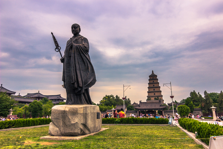 Xi'an, China - July 23, 2014: Statue of Xuanzang in the Big Wild Goose Pagoda temple complexのeditorial素材