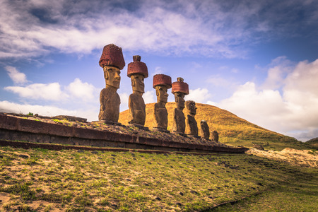 Anakena beach, Easter Island - July 10, 2017: Moai altar of Anakena beach, Easter Islandのeditorial素材