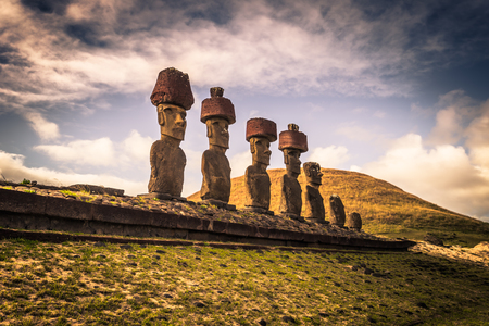 Anakena beach, Easter Island - July 10, 2017: Moai altar of Anakena beach, Easter Islandの写真素材