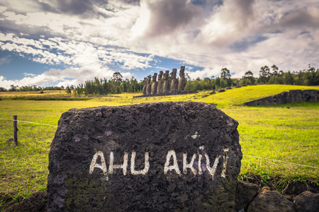 Ahu Akivi, Easter Island - July 12 2017: Moai statues of Ahu Akiviの写真素材