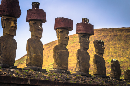 Anakena beach, Easter Island - July 10, 2017: Moai altar of Anakena beach, Easter Islandの写真素材