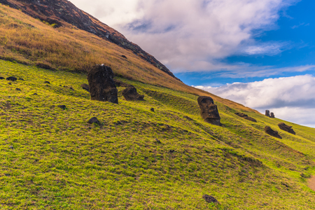 Ranu Raraku, Easter Island - July 10, 2017: Moai statues of Ranu Raraku, Easter Islandの写真素材