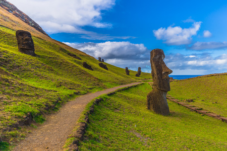 Ranu Raraku, Easter Island - July 10, 2017: Moai statues of Ranu Raraku, Easter Islandの写真素材