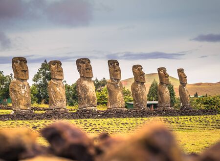 Ahu Akivi, Easter Island - July 11, 2017: Moai altar of Ahu Akiviの写真素材